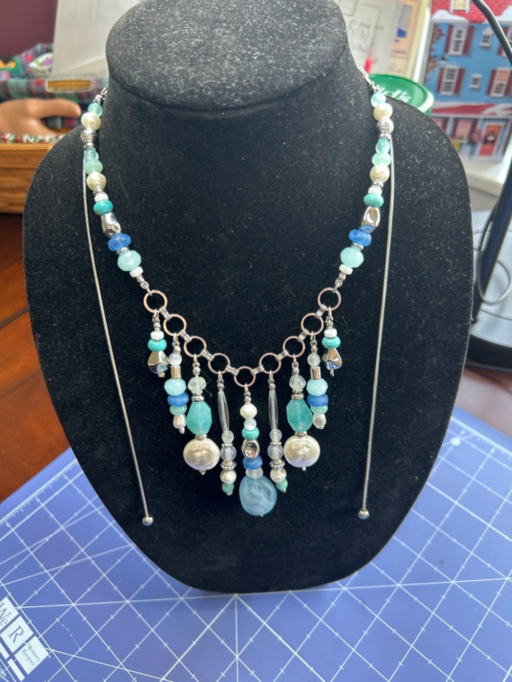 summer light blue Caribbean beads with sliding lariat chain adjustable length